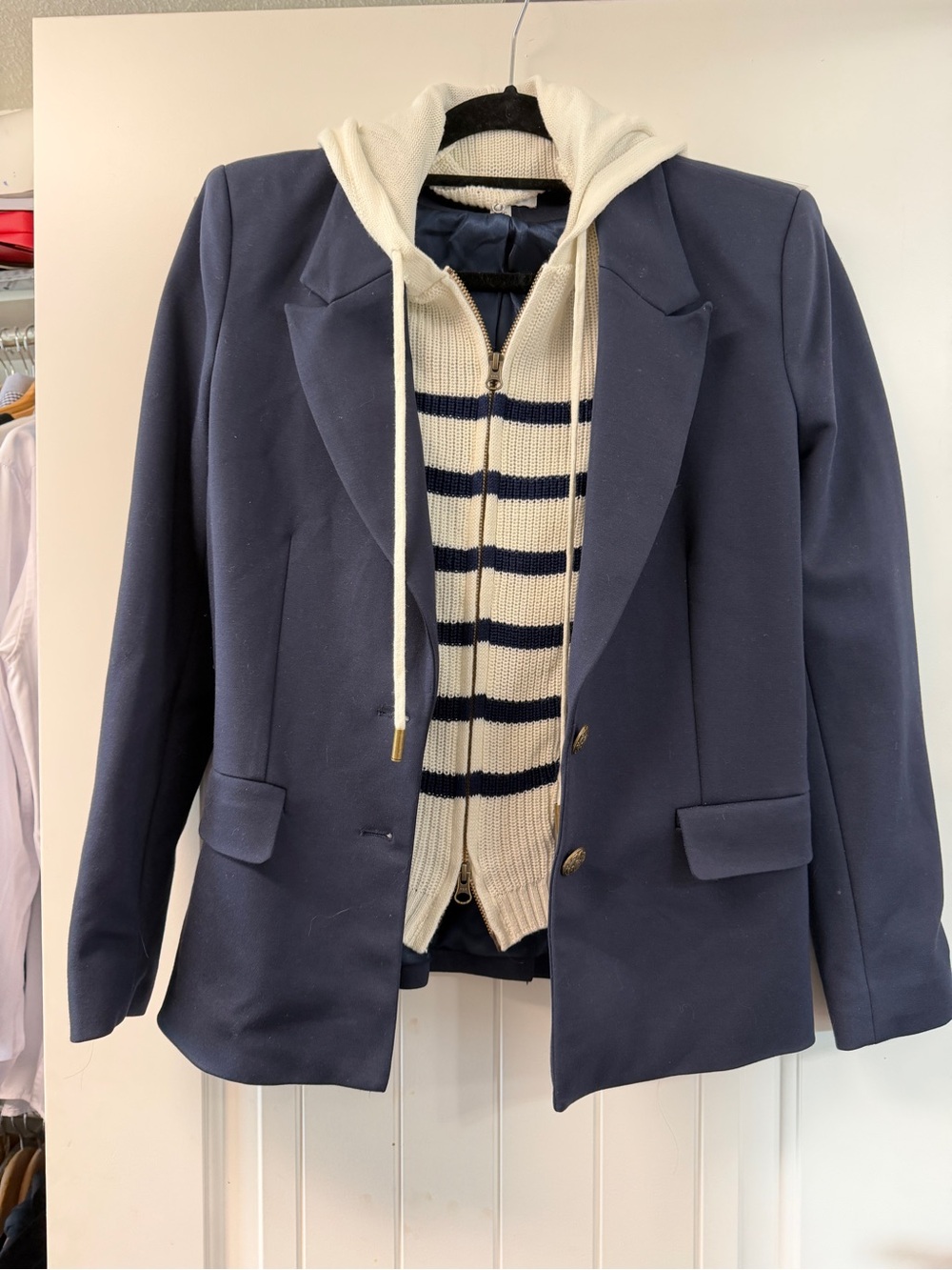 Evereve Navy Blazer with Cream Striped Hoodie Layering